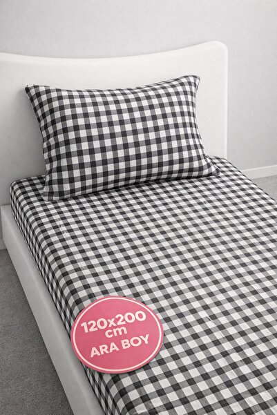 Eponj Home %100Pamuk Lastikli Çarşaf Seti OrtaBoy 120x200cm Dama Siyah