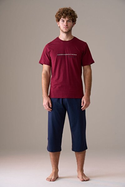 PİJAPİA Men's Short Sleeve 100% Cotton Plus Size Capri Pajama Set Claret Red