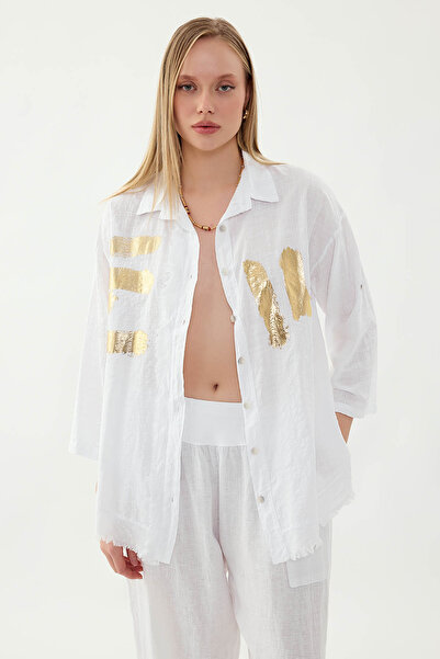 Vitrin Buttoned Printed Oversized Linen Shirt
