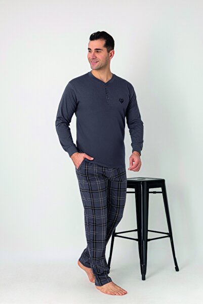Estiva Men's Checked Alt Patterned Smoked Long Sleeve Combed Cotton Pajama Set