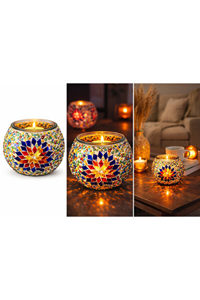 ARUZEN El Yapımı Mozaik Cam Mumluk Alçı Gövdeli Dekoratif Tealight Mumluk Ev ...