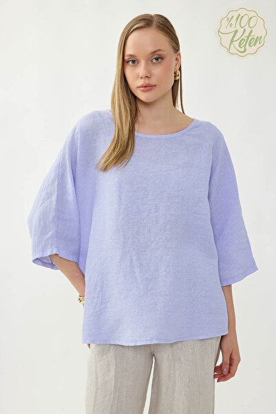 Vitrin 100% Linen Wide Neckline Oversized Short Sleeve Blouse