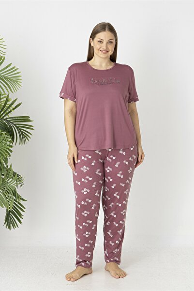 Estiva Women's Leaf Bottom Patterned Short Sleeve Soft Battal Pajama Set
