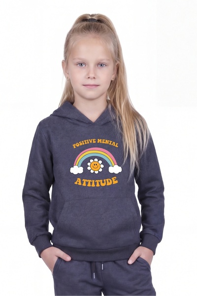 FYK KİDS Kangaroo Pocket Hooded Girls' Sweatshirt with Print Detail