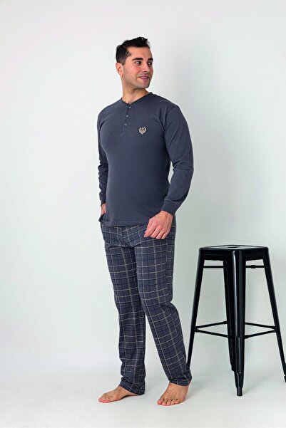 Estiva Men's Checked Alt Patterned Gray Long Sleeve Combed Cotton Pajama Set ...