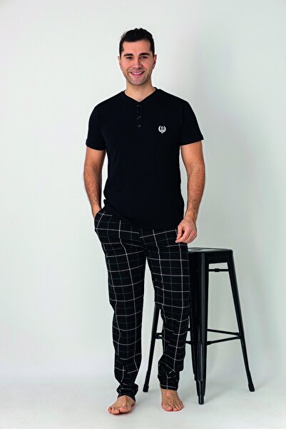 Estiva Men's Checked Alt Patterned Black Short Sleeve Pajama Set with Patches...