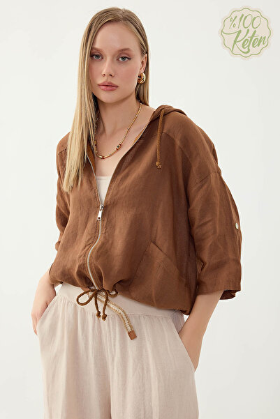 Vitrin سترة بسحّاب 100% كتان بغطاء رأس