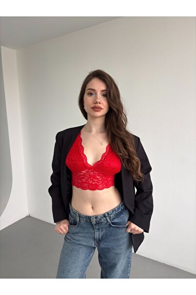 FORSACE Kadın Dantelli Kalın Askılı V Yaka Astarlı Crop Büstiyer Bralet