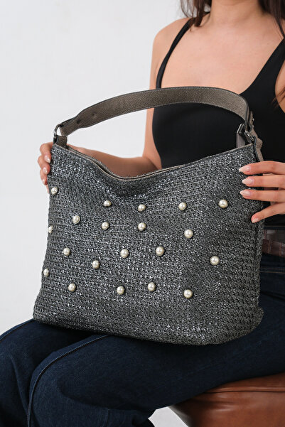 MARSEDO Γυναικείο χρυσό μαργαριταρένιο λεπτομερές πλεκτό από ψάθι O Τσάντα ώμ...