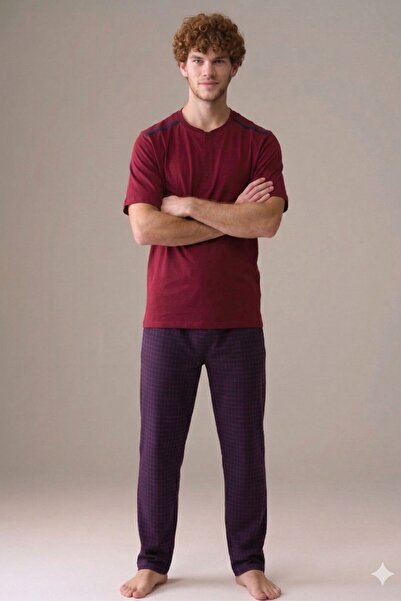 PİJAPİA Men's Short Sleeve 100% Cotton Plus Size Pajama Set Claret Red