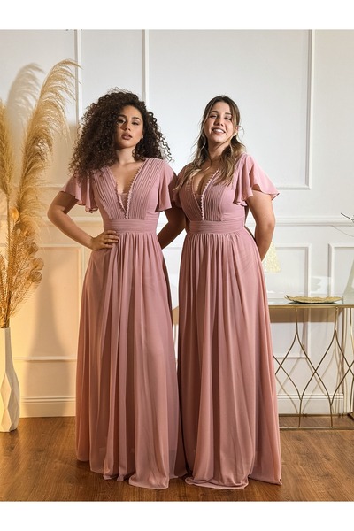 Diva Exclusive Fashion Rochie Lungă Elegantă Voal Roz Pudrat Decolteu V