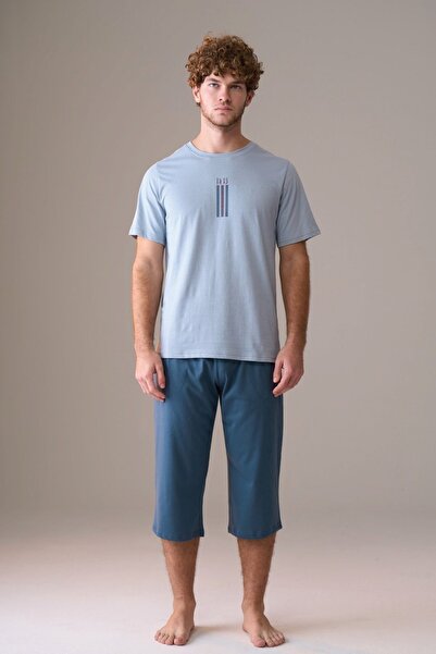PİJAPİA Men's Short Sleeve 100% Cotton Capri Pajama Set Light Blue