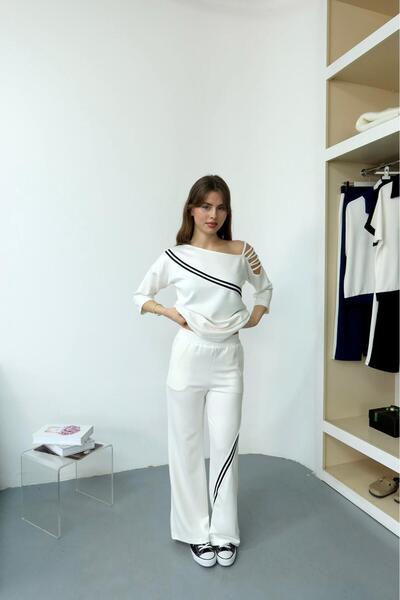 QİMYA BUTİK Şans Li̇fe Women's One-Shoulder Drawstring Top and Ribbed Pants T...