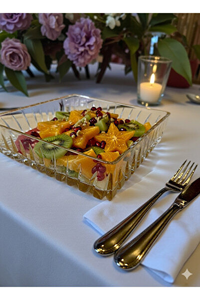 AYZ HOME Stria Premium El İşçiliği Kesme Kristal Kare Sunum Kase - 24x24 cm Ç...