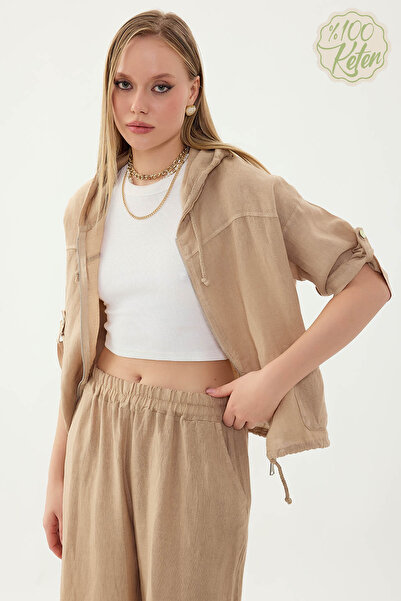 Vitrin سترة بسحّاب 100% كتان بغطاء رأس