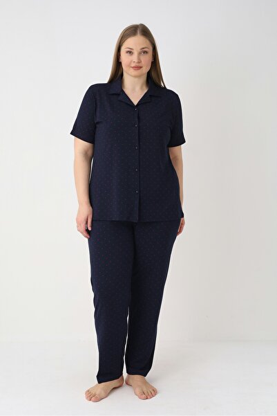 Estiva Women's Navy Blue Short Sleeve Button-Front Soft Battal Pajama Set