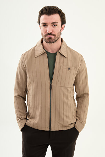 Mcr Striped Slim Fit Shirt Collar Spring Men's Coat Beige - 39660.26Y
