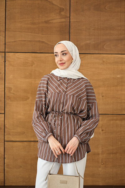 LOCCO Women's Striped Detailed Casual Shirt Bitter Brown