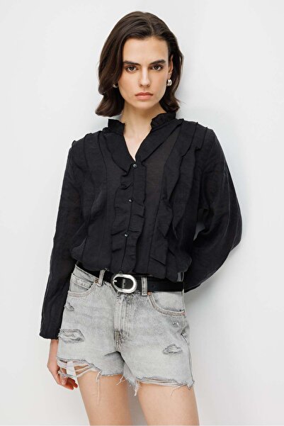 Mixray 4830 Women's High Collar Ruffled Ruffled Blouse Black