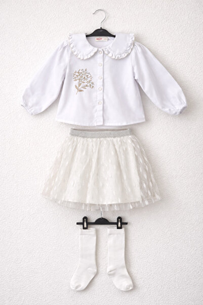 Motebarn Wear Cămașă albă cu broderie pentru fete, set de tul piese cu fustă ...