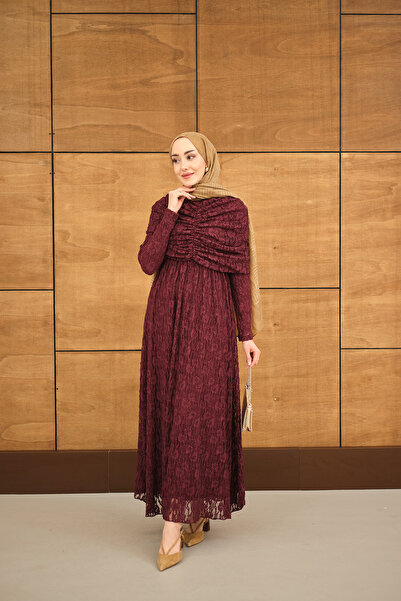 LOCCO Women's Self-Elasticated Waist Dress with Patterned Tulle Details, Burg...