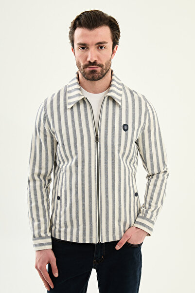 Mcr Striped Slim Fit Shirt Collar Yandan Pocketed Men's Coat Ecru-Navy Blue -...