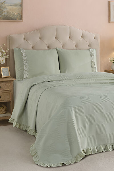 Enlora Home %100 Pamuk Fırfırlı Pike Takımı Çift Kişilik Düz Renk Yeşil (4 Pa...