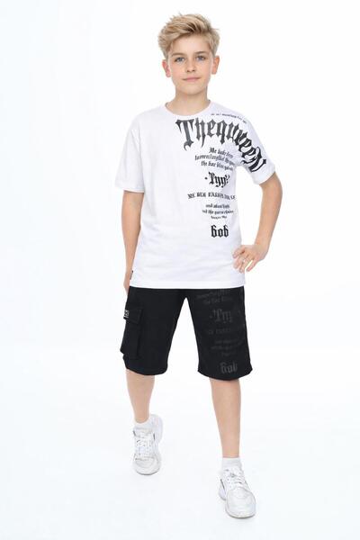 Bambam Λευκό με τύπωμα Παιδικό μπλουζάκι για αγόρια και μαύρο σορτς – Καλοκαι...