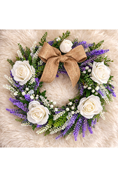 ecrella Bahar Kapı Süsü – Beyaz Güllü Lavanta Detaylı Jüt Fiyonklu Dekoratif ...