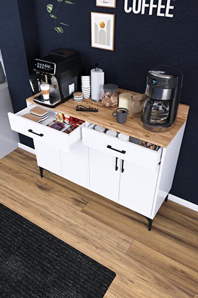 DEKORFİM DF14103 Kahve Köşesi Dolabı Çok Amaçlı Mutfak Konsolu Çekmeceli Kapaklı Mutfak Dolabı Coffee Bar