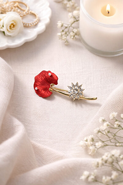 İZEV Kırmızı Gelincik Çiçeği Figürlü Broş