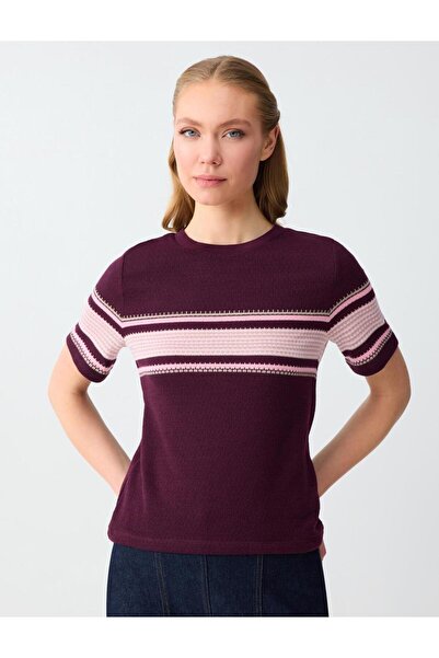 Jimmy Key Μπλούζα Πλεκτό Μπορντό με Κοντό Μανίκι και Λαιμόκοψη Ποδηλάτου Με σ...