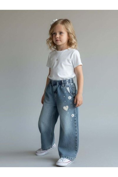 Zekids Girl's Wide-Leg Jeans with Heart and Flower Detail