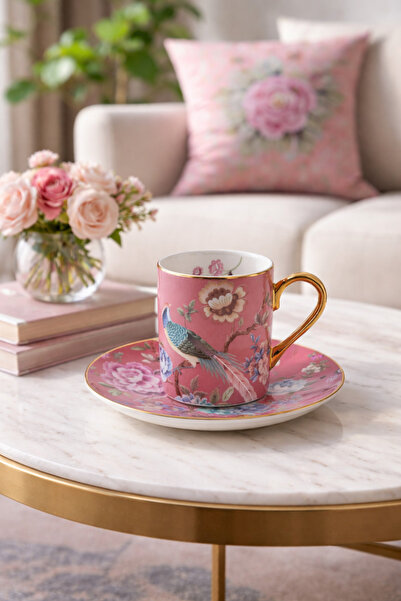 Kadim Vizyon ROY KING TAVUS KUŞLU 6'LI KAHVE FİNCANI PEMBE 90 ML