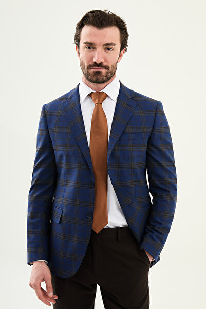 Mcr Plaid Pieces Slim Fit Mono Collar Combination Men's Suit Light Navy Blue ...