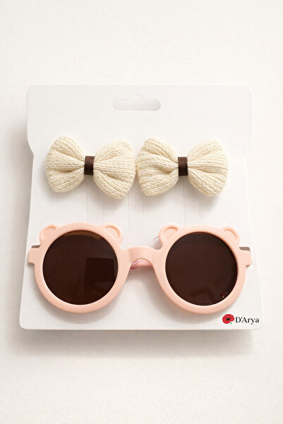 Darya Dd761 Cream Knitted Bow Buckle and Powder Pink Bear Ear Children's Sung...