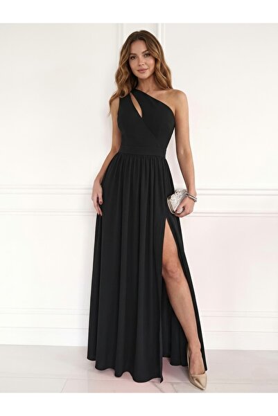 Modayakamoz Kadın Omuz Dekolteli Yırtmaçlı Janjan Krep Uzun Abiye Elbise