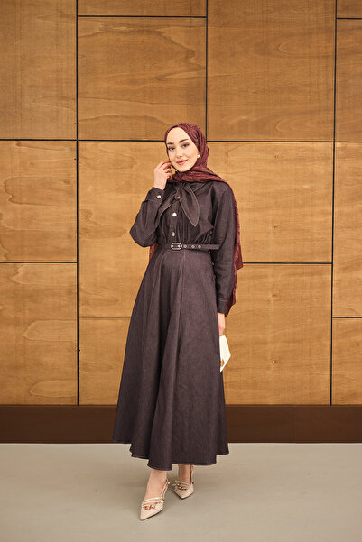 LOCCO Women's Ornamental Stitching Detail Belt Piece Dress Plum