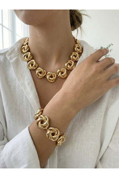 GAMBU Altın Renk Kalın Düğüm Tasarım Gösterişli Kadın Kolye ve Bileklik Seti