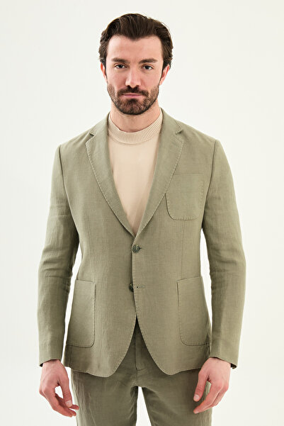 Mcr Plain Slim Fit Mono Collar Pocket 100% Linen Men's Jacket Khaki - 41487.26Y