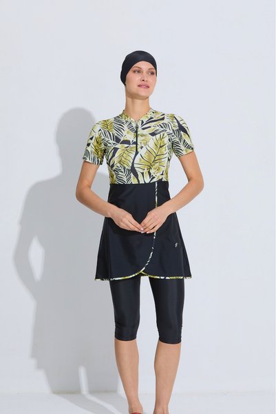 İYİBU Semi-Closed Swimsuit Set – Short Sleeve Hijab Swimsuit Set (Top Swimsuit, Leggings, Cap, Padded Bustier)