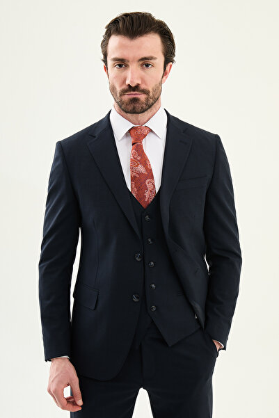 Mcr Plaid Li Slim Fit Mono Collar Classic Wool Men's Suit Dark Navy - 45350.24K