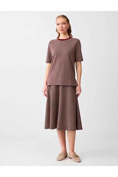 Jimmy Key Burgundy Houndstooth Patterned Regular Waist Knitted Midi Skirt