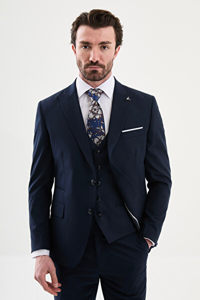 Mcr بدلة رجالية بياقة عريضة وتفاصيل منديل - أزرق داكن - 45444.26Y