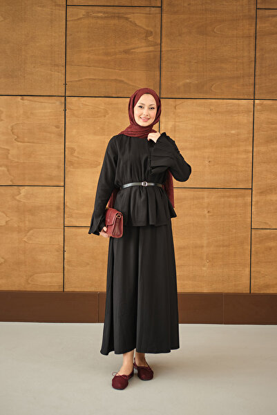 LOCCO Kadın Pileli Kemer Bağlamalı Etekli Takım Siyah