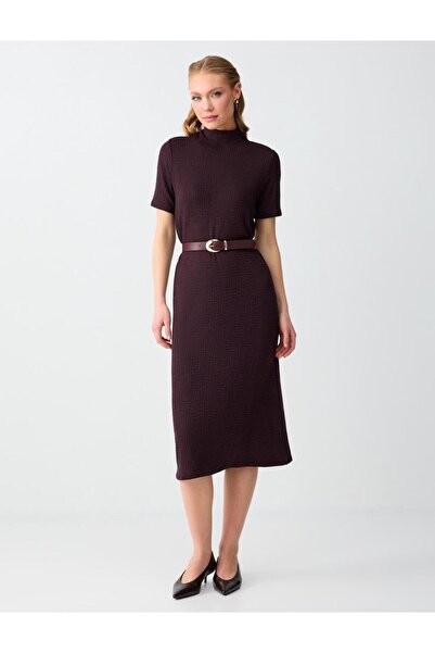 Jimmy Key Brown Mock Neck Short Sleeve Midi Knitted Dress