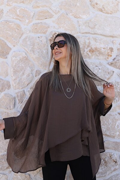 bytugcekaya Coffee Standard Size Flying Cape Blouse