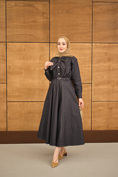 LOCCO Women's Ornamental Stitching Detail Belt Piece Dress Navy Blue