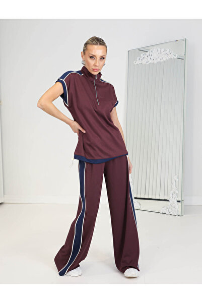 QİMYA BUTİK Buketli̇ Women's D Mock Neck Zippered Moon Sleeve Top and Loose P...