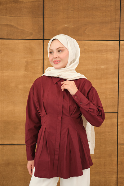 LOCCO Women's Pleated Waist Shirt with Hidden Buttons, Burgundy